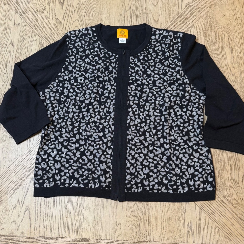 Ruby Rd Women's XL Black Animal Print‎ Zip Front Embellished Cardigan Sweater - Picture 2 of 8